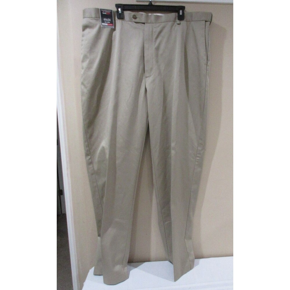 NWT Roundtree & Yorke Dress Pants Men 44Wx34L Tan Flat Comfort Waist Expander